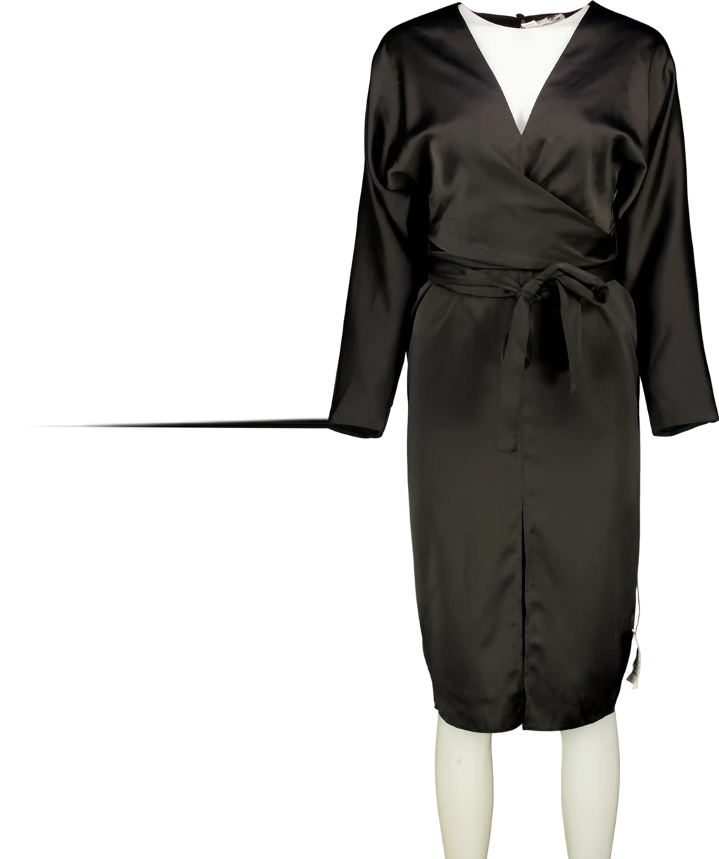 ASOS Black Satin Long Sleeve Wrap Top Midi Pencil Dress UK 8