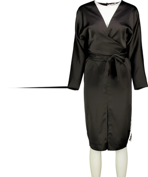 ASOS Black Satin Long Sleeve Wrap Top Midi Pencil Dress UK 8