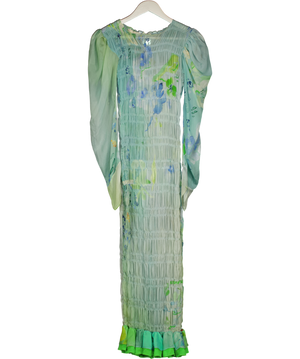 ROBERTA EINER Blue Watercolour Print Shirred Sheer Midi Dress UK S