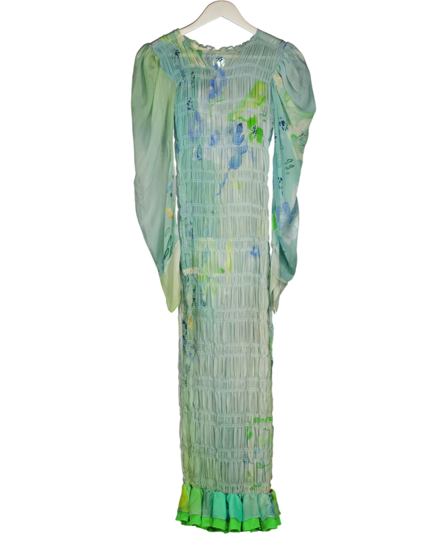 ROBERTA EINER Blue Watercolour Print Shirred Sheer Midi Dress UK S