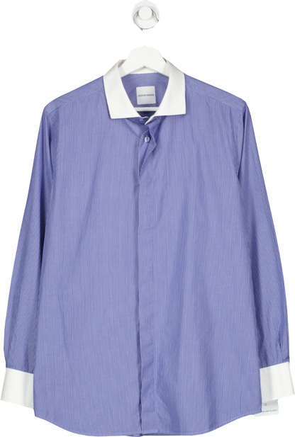 ADAM WAITE Blue Bespoke Tailor Contrast MONOGRAMMED "NA" Collar Pinstriped Shirt UK S/M