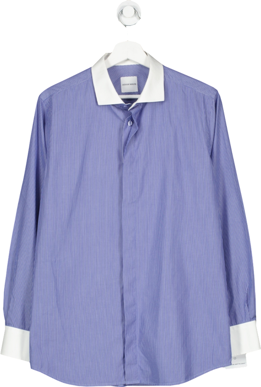 ADAM WAITE Blue Bespoke Tailor Contrast MONOGRAMMED "NA" Collar Pinstriped Shirt UK S/M
