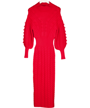 Karen Millen Red Bobble Detail Balloon Sleeve Cable Knit Viscose Blend Midi Dress UK XS