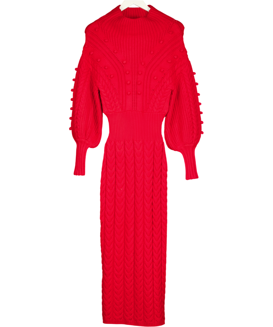 Karen Millen Red Bobble Detail Balloon Sleeve Cable Knit Viscose Blend Midi Dress UK XS