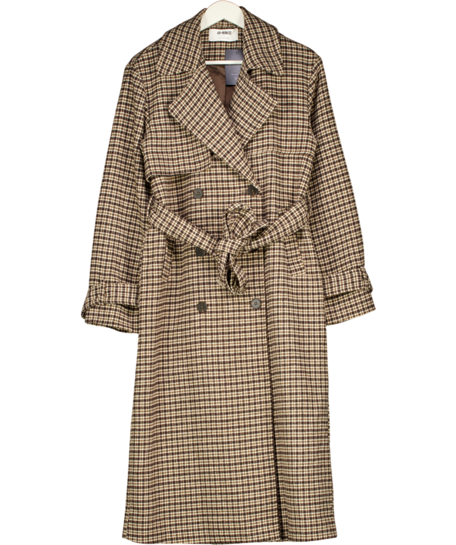 4th & Reckless Tabi Brown Checked Belted Wool-blend Trench Coat UK 10