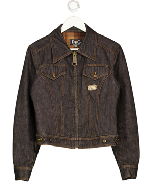 D&G DOLCE & GABBANA Blue Plaid Flannel Lined Denim Zip-up Jacket With Metal Logo Plaque UK S
