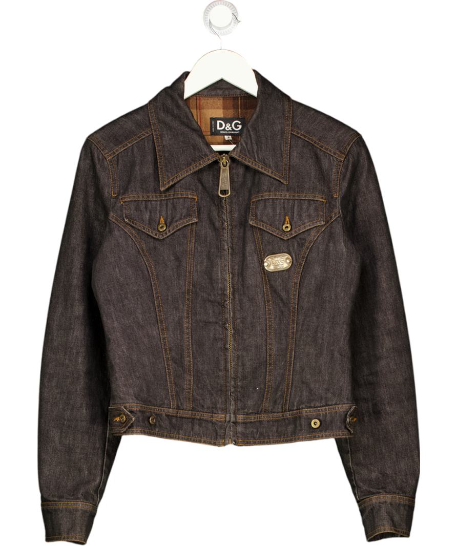 D&G DOLCE & GABBANA Blue Plaid Flannel Lined Denim Zip-up Jacket With Metal Logo Plaque UK S