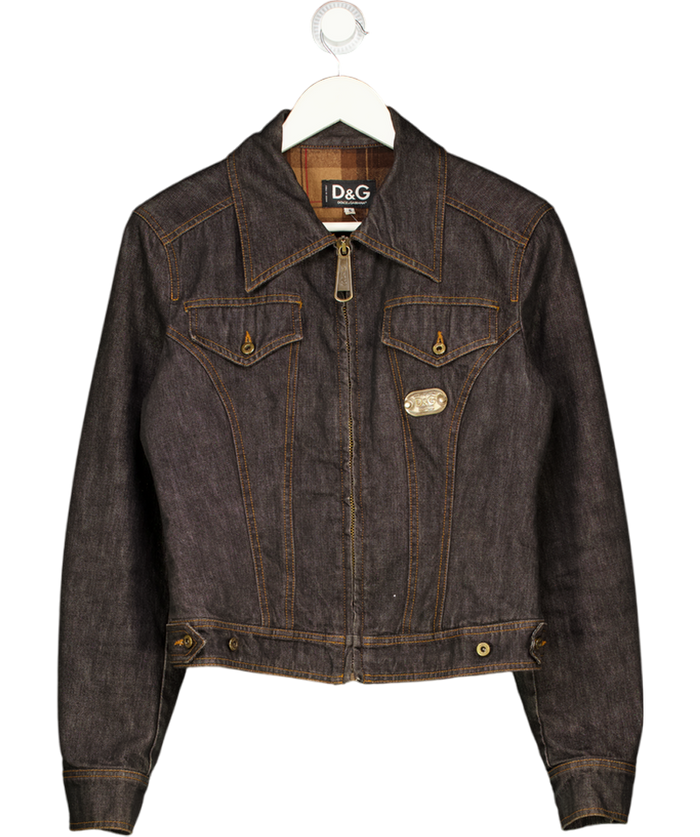 D&G DOLCE & GABBANA Blue Plaid Flannel Lined Denim Zip-up Jacket With Metal Logo Plaque UK S