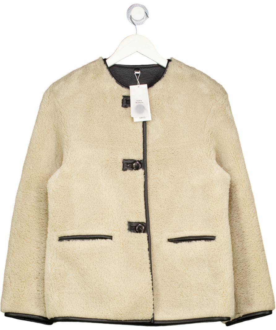 MANGO Beige Oversize Faux Leather & Shearling Jacket UK XXS