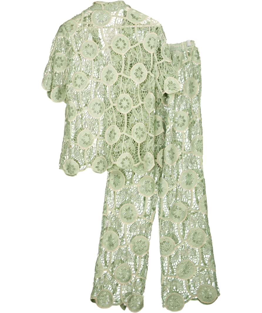 RIVER ISLAND 2-piece Green / Cream Green Del Maar Lace Shirt &  Trousers Set UK M