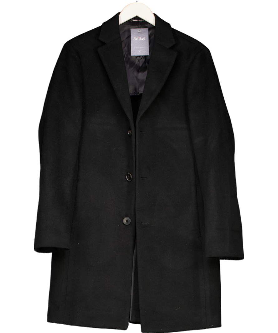 REISS Black Wool-blend Single-breasted Overcoat UK S