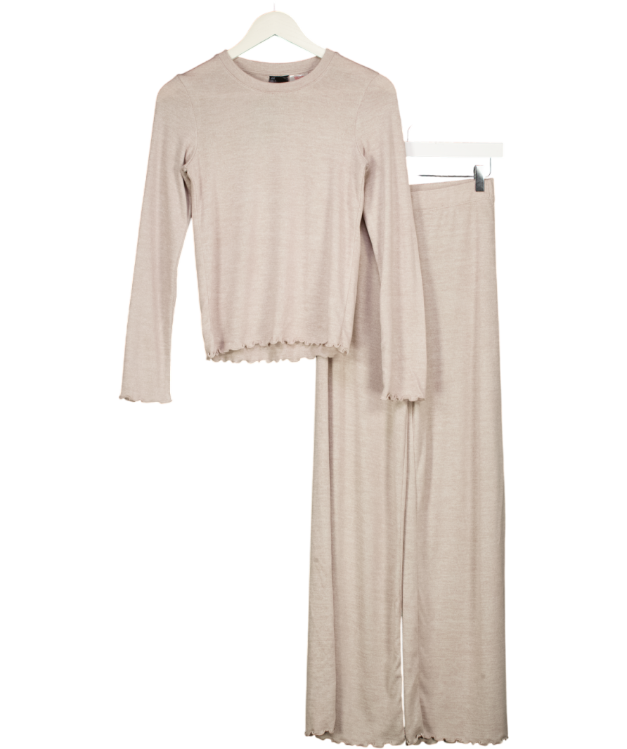 H&M Beige 2-piece Lettuce Edge Top & Wide Leg Trouser Lounge Set UK XS