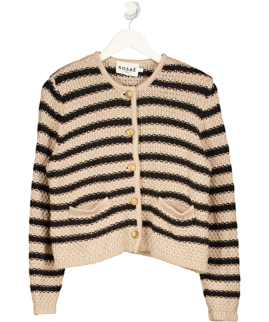 ROSAE PARIS Beige & Black Striped Cotton Blend Cardigan Sz1 UK XS/S