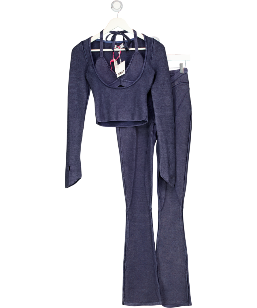 YAGI Blue Zia Knit Leggings Long Sleeve Top And Bralette Set UK S