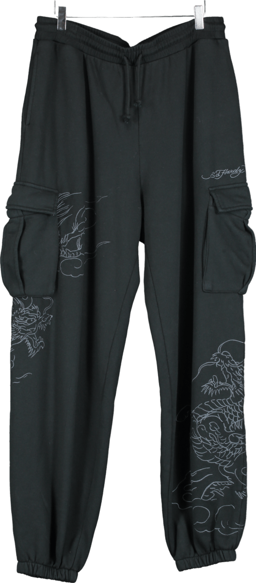 Ed Hardy Black Embroidered Dragon Cargo Joggers M - Reliked
