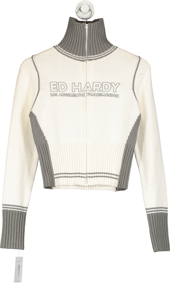 Ed Hardy White/Grey 'Bite It Slowly' Knit Jacket UK S - Reliked