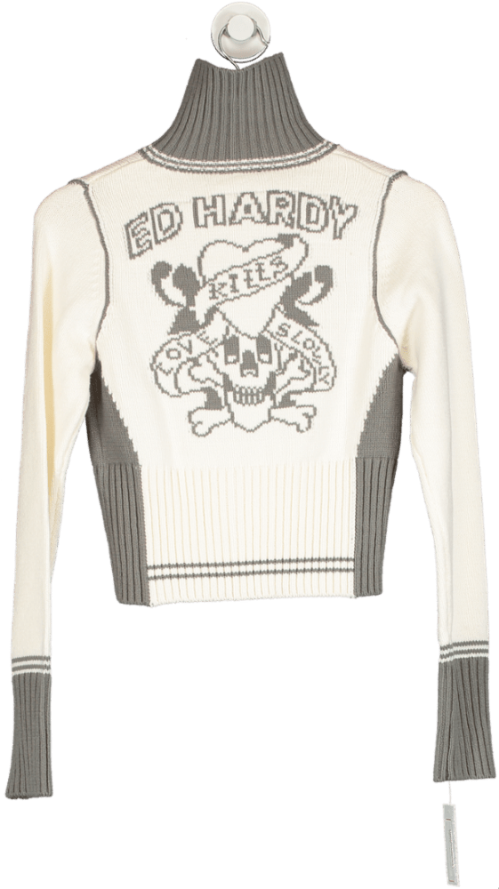 Ed Hardy White/Grey 'Bite It Slowly' Knit Jacket UK S - Reliked