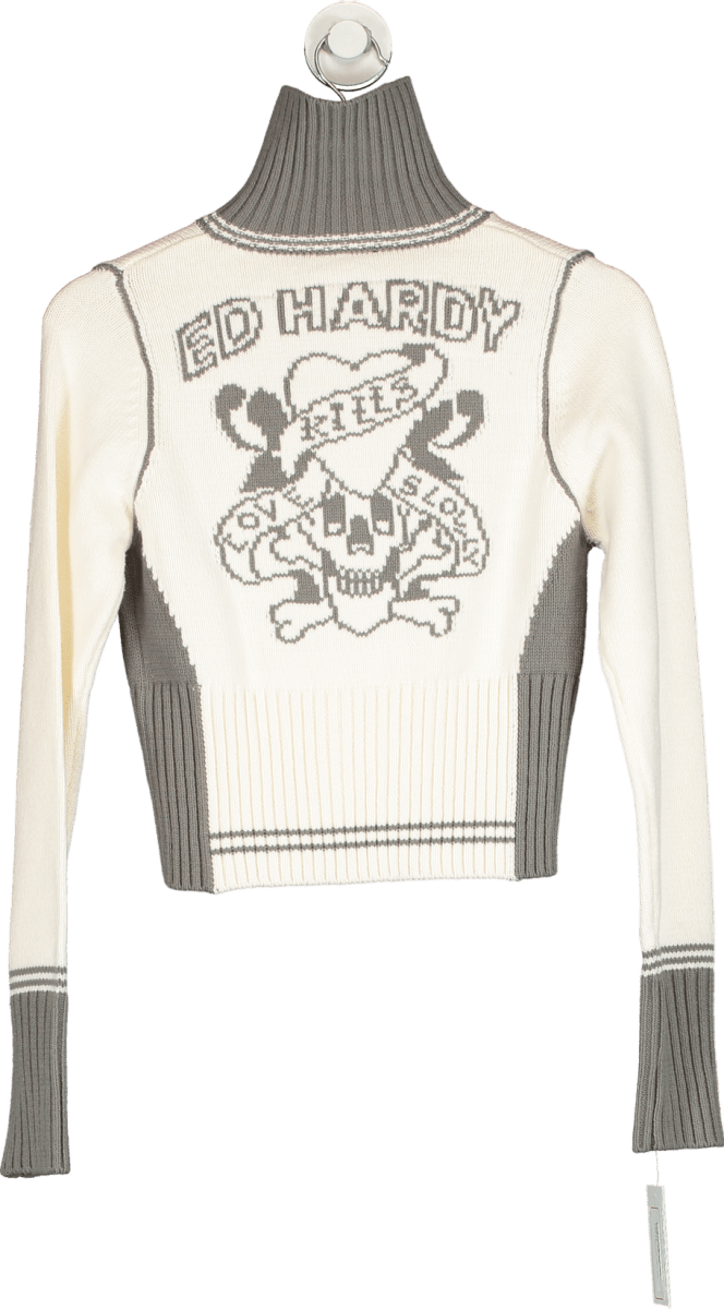 Ed Hardy White/Grey 'Bite It Slowly' Knit Jacket UK S - Reliked