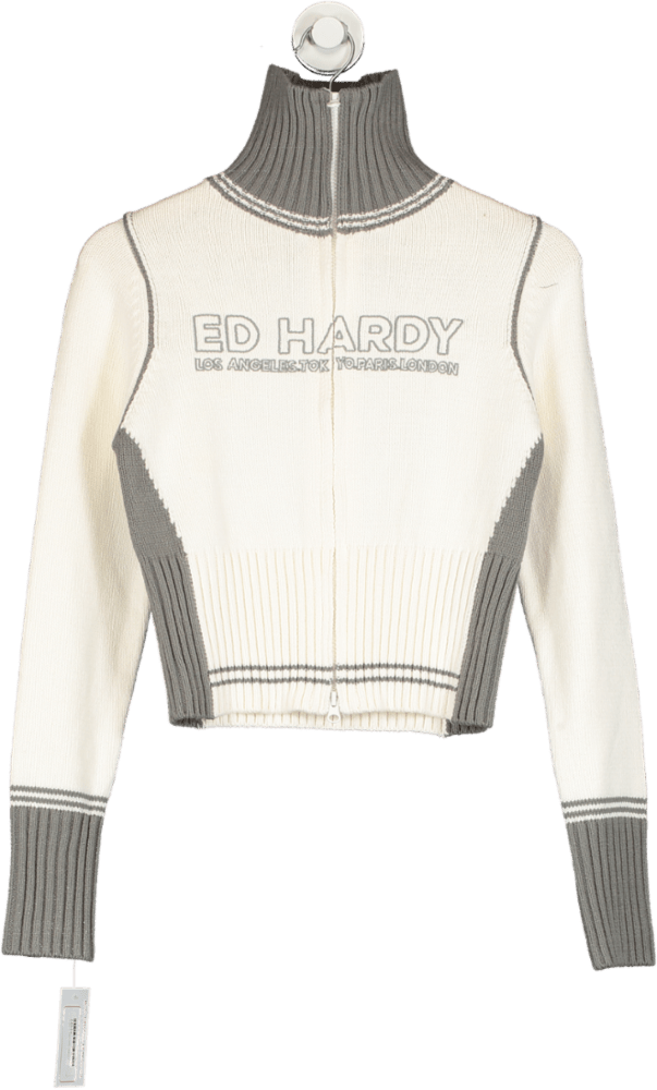 Ed Hardy White/Grey 'Bite It Slowly' Knit Jacket UK S - Reliked