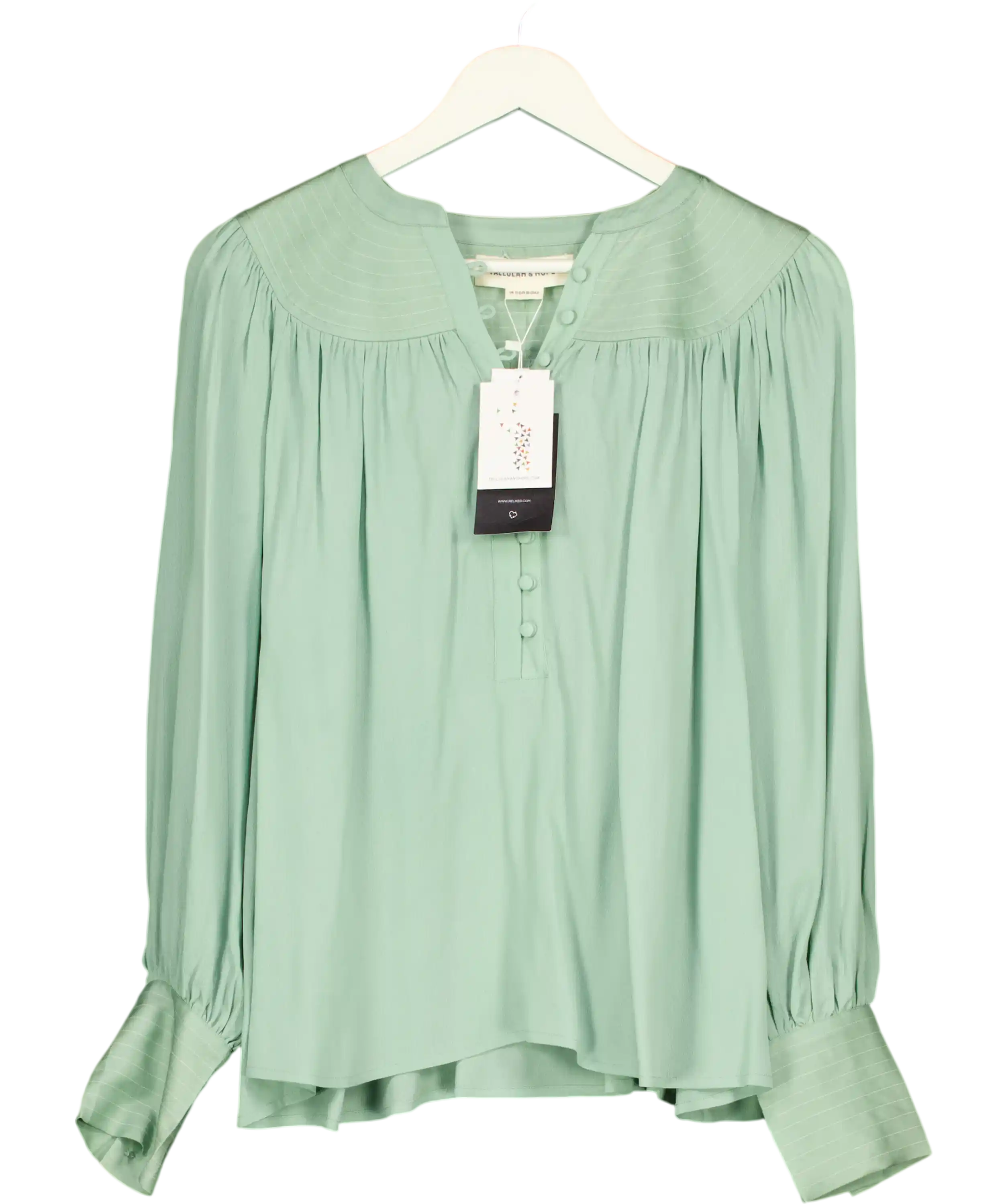 Tallulah & Hope Mint Green Smocked Button-front Blouse UK 10