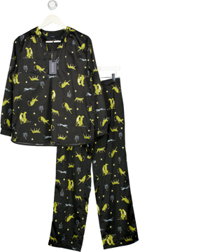 FIGLEAVES Black Cheetah Satin Pyjama Set UK 10