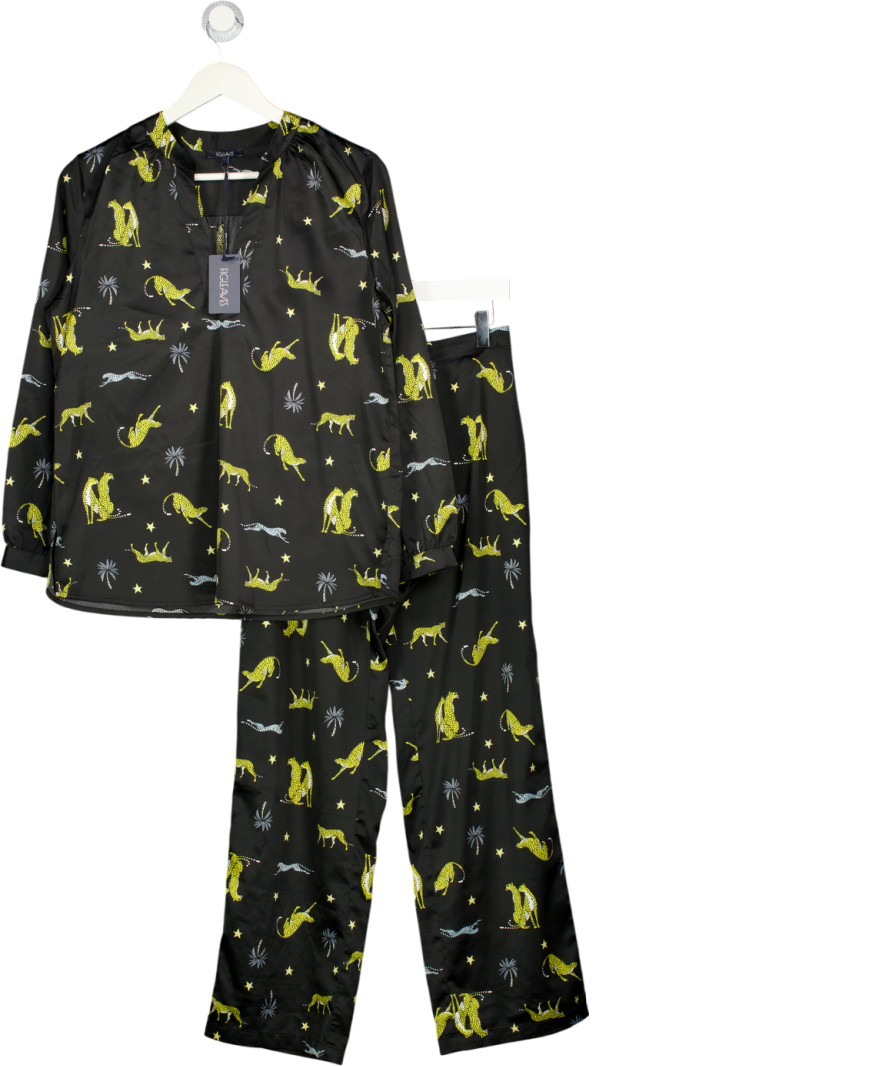 FIGLEAVES Black Cheetah Satin Pyjama Set UK 10