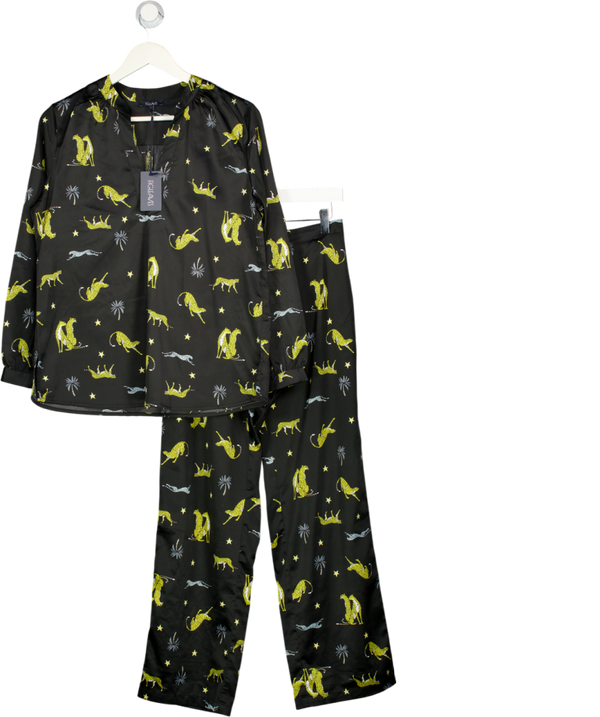 FIGLEAVES Black Cheetah Satin Pyjama Set UK 10