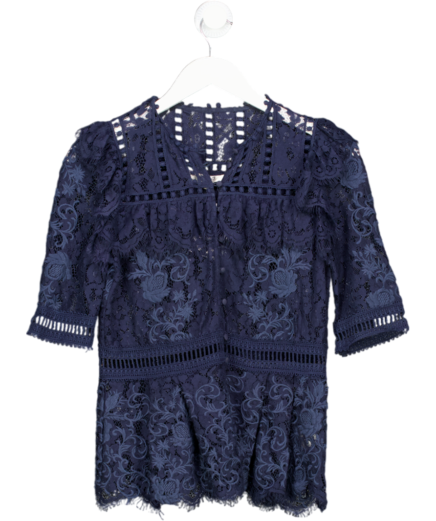 SEA NEW YORK Navy Blue Lace Short Sleeve Blouse Sz2 UK 6
