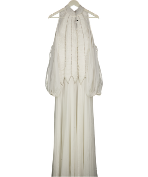 Karen Millen White High Neck Embellished Ruched Georgette Woven Maxi Dress UK 10