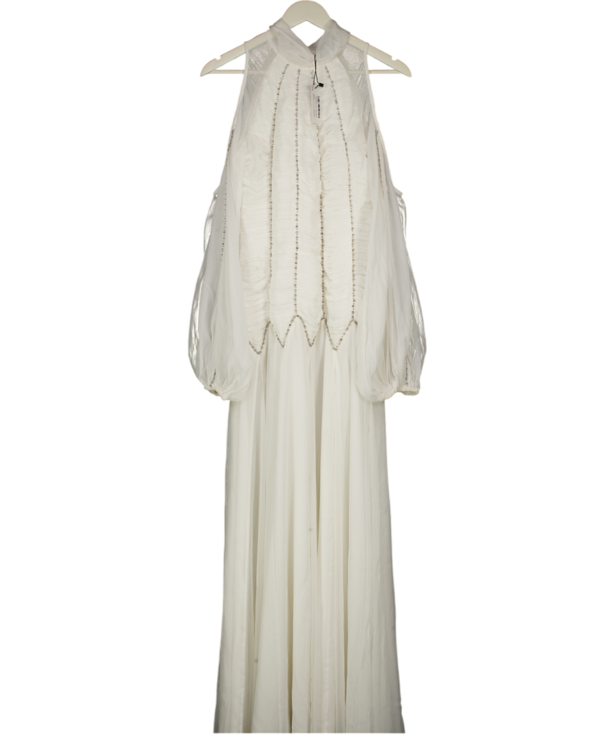 Karen Millen White High Neck Embellished Ruched Georgette Woven Maxi Dress UK 10