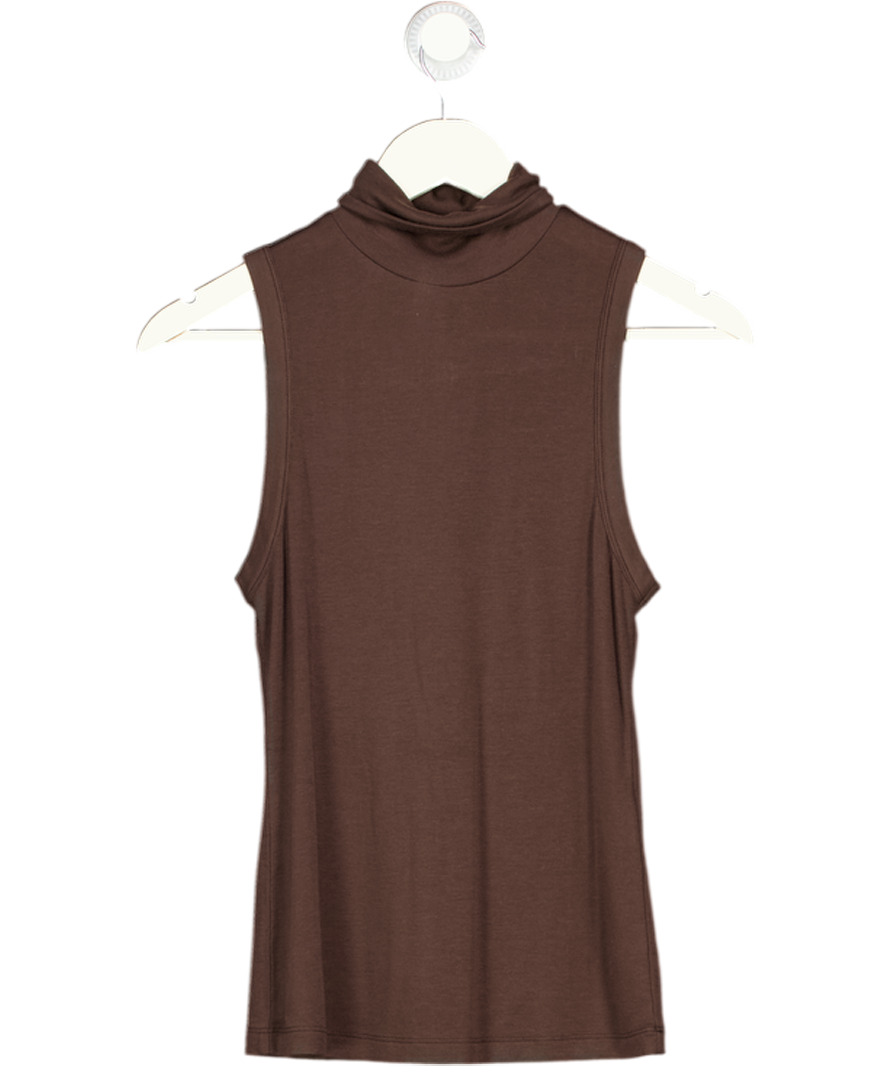 HENNE Chocolate Brown High Neck Sleeveless Jersey Top UK S