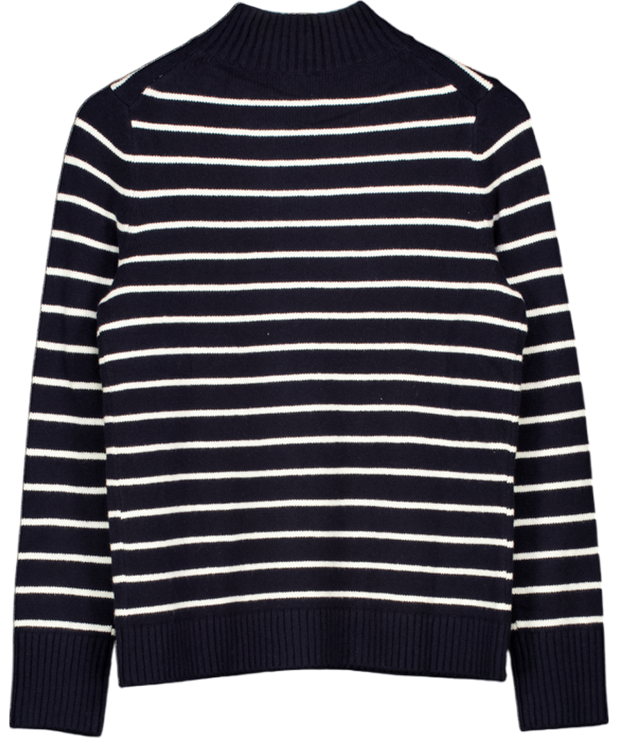 TALBOTS Navy Blue Cotton Blend Mockneck Pullover - Stripe Intarsia Heart UK S