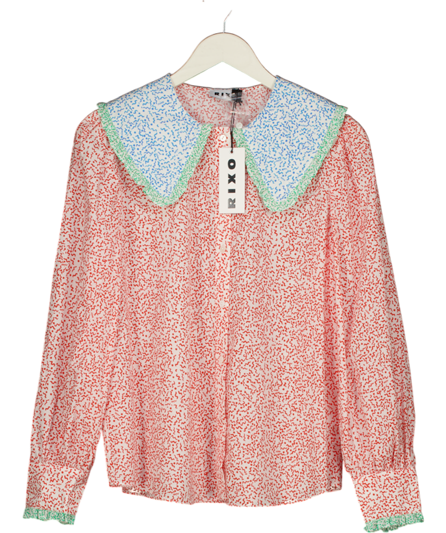 RIXO Squiggle Red Mix Long Sleeved Blouse With Frill Collar UK 10