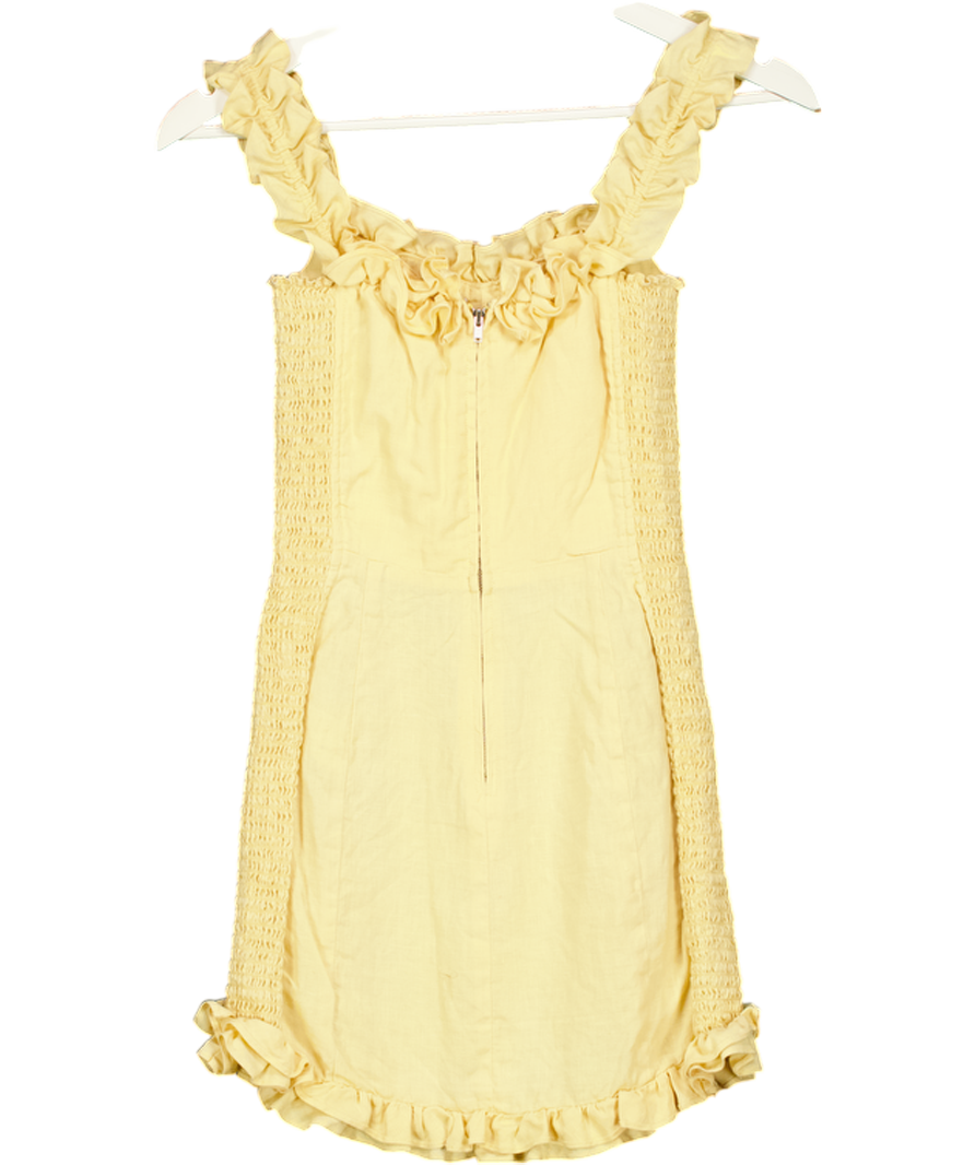 REFORMATION Butter Yellow 100% Linen Shirred Frill Detail Mini Dress Sz0 UK 4