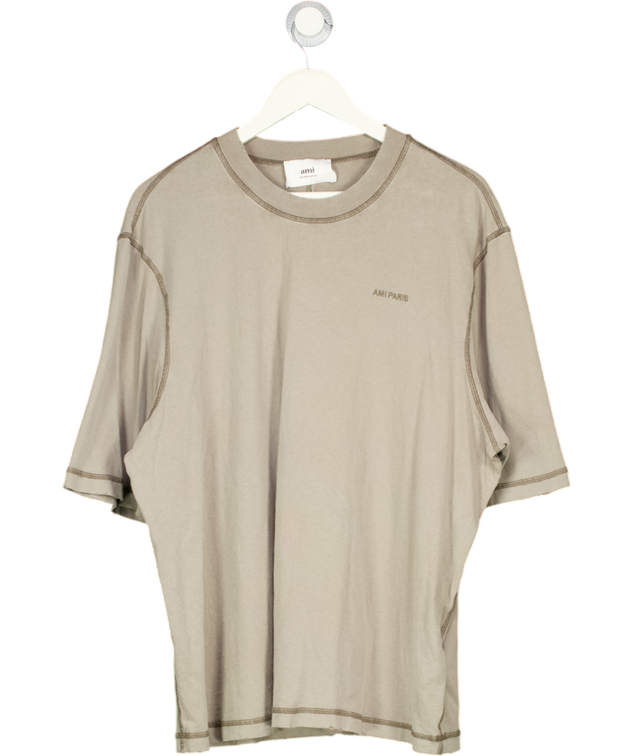 AMI PARIS Washed Khaki Green Embroidered Logo T-shirt UK L