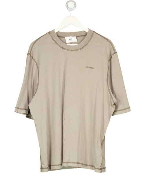 AMI PARIS Washed Khaki Green Embroidered Logo T-shirt UK L