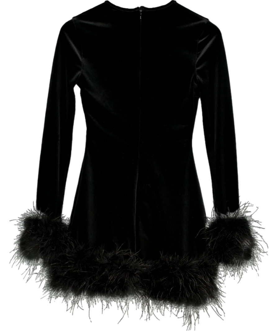 House of CB Velvet Feather Trim Lavinia Black Velvet Mini Dress UK XS