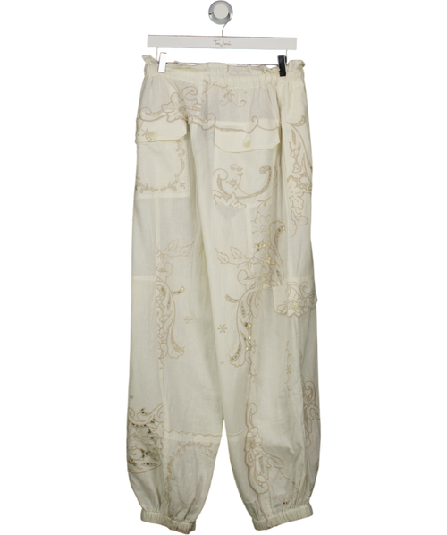 ANTHROPOLOGIE Ivory White  Embroidered Linen-blend Pull-on Joggers UK M