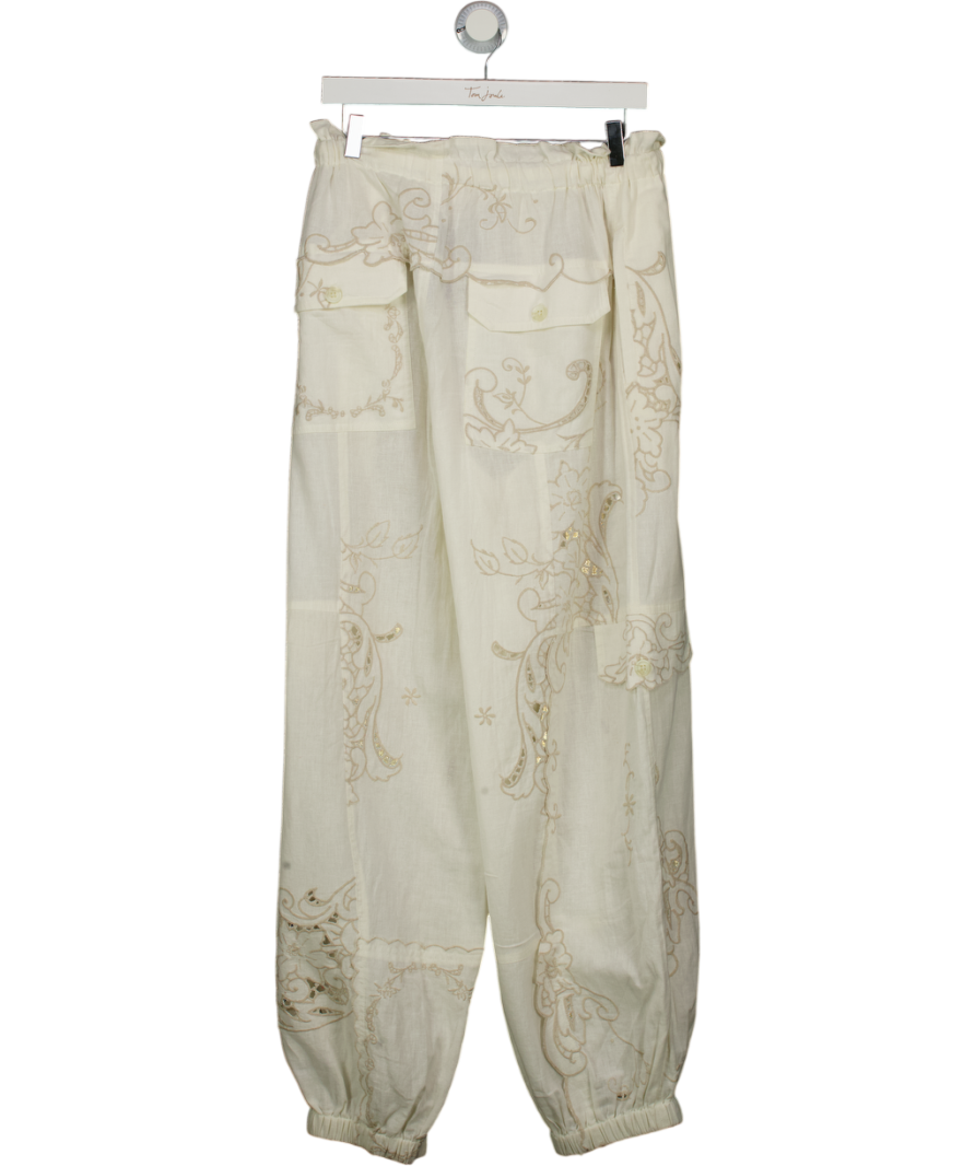 ANTHROPOLOGIE Ivory White  Embroidered Linen-blend Pull-on Joggers UK M