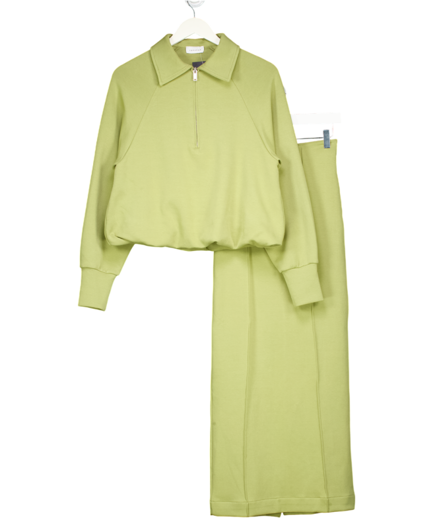 Topshop Green Interlock Bubble Hem Polo Quarter Zip Sweat & Maxi Skirt Set UK XS