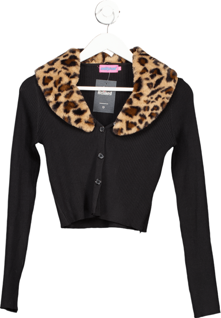Edikted Black Leopard Fur Collar Cardigan UK XS - Reliked
