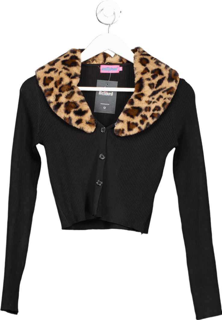 Edikted Black Leopard Fur Collar Cardigan UK XS - Reliked