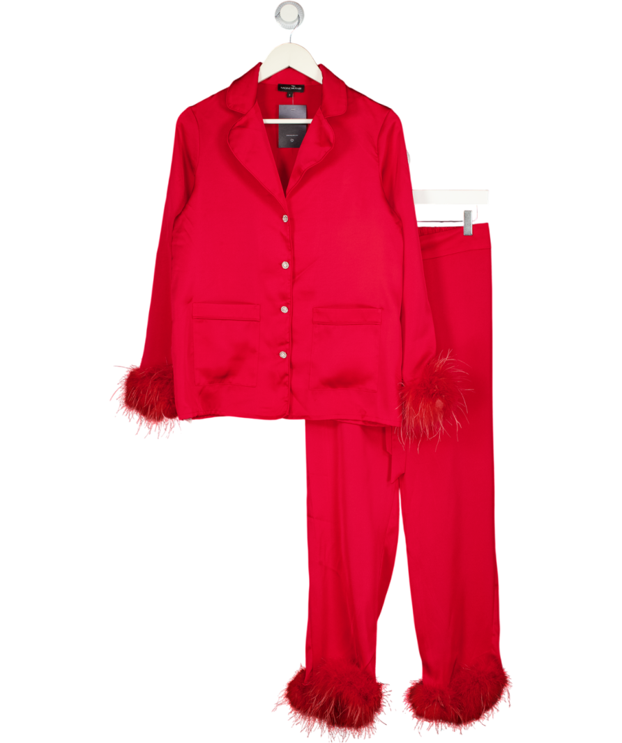 NADINE MERABI 2-piece Red Darcie  Embellished Button Satin Feather Trim Set UK S