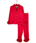 NADINE MERABI 2-piece Red Darcie  Embellished Button Satin Feather Trim Set UK S