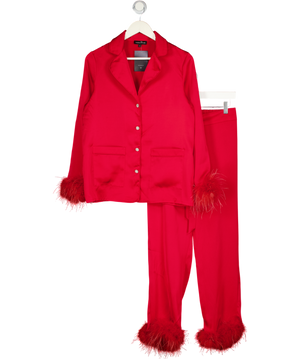 NADINE MERABI 2-piece Red Darcie  Embellished Button Satin Feather Trim Set UK S