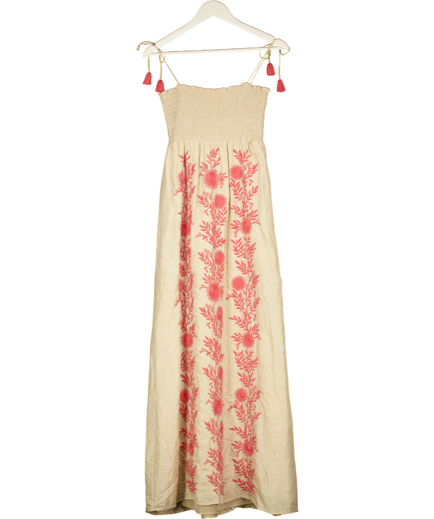 Juicy Couture Beige Pink Floral Embroidered Shirred Bodice Maxi Dress UK S