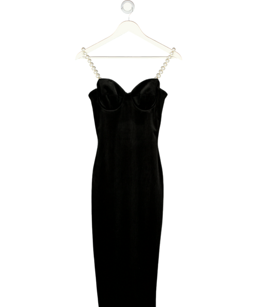 NADINE MERABI Emily Black Velvet Midi Dress With Pearl Straps Uk 6 UK XS