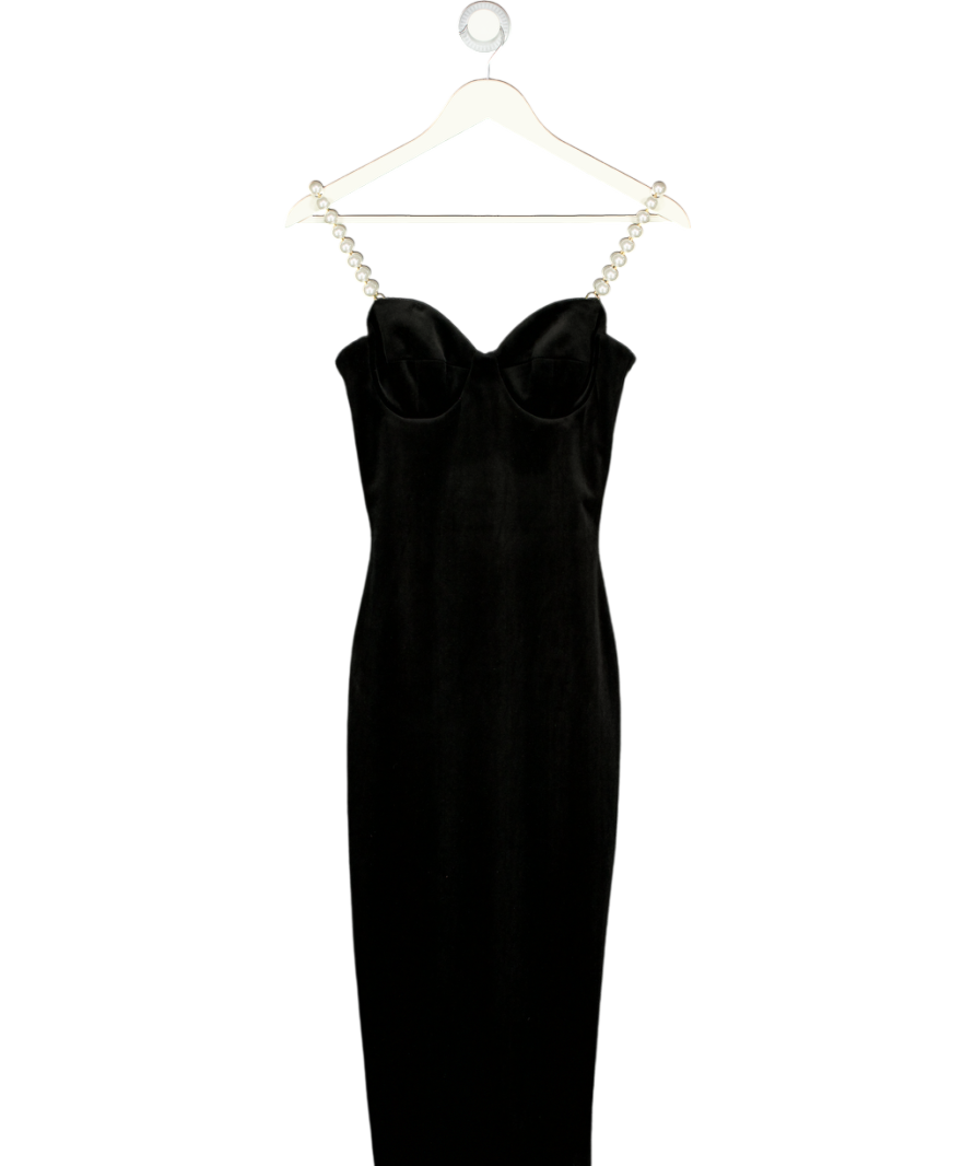 NADINE MERABI Emily Black Velvet Midi Dress With Pearl Straps Uk 6 UK XS