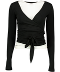 EXCECERE Black Rib Ballet Wrap Blouse UK S/M