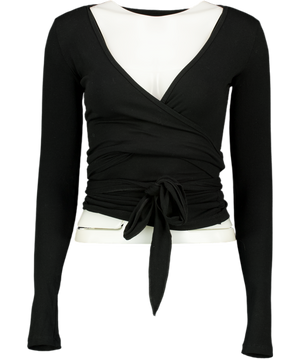 EXCECERE Black Rib Ballet Wrap Blouse UK S/M